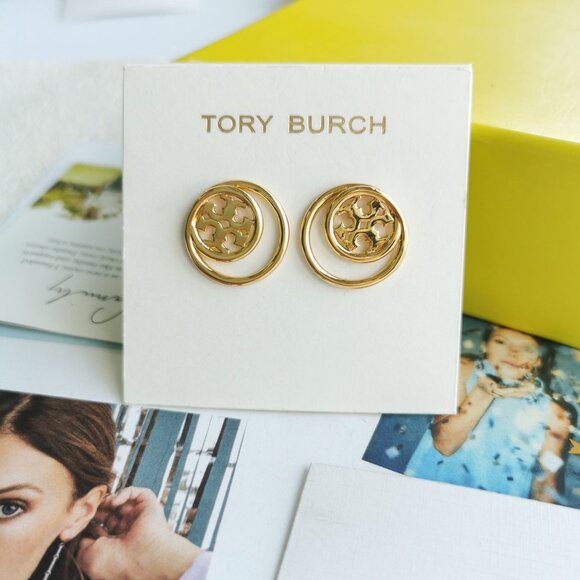 New Tory Burch Miller Double Ring Stud Earrings Gold - Picture 1 of 4